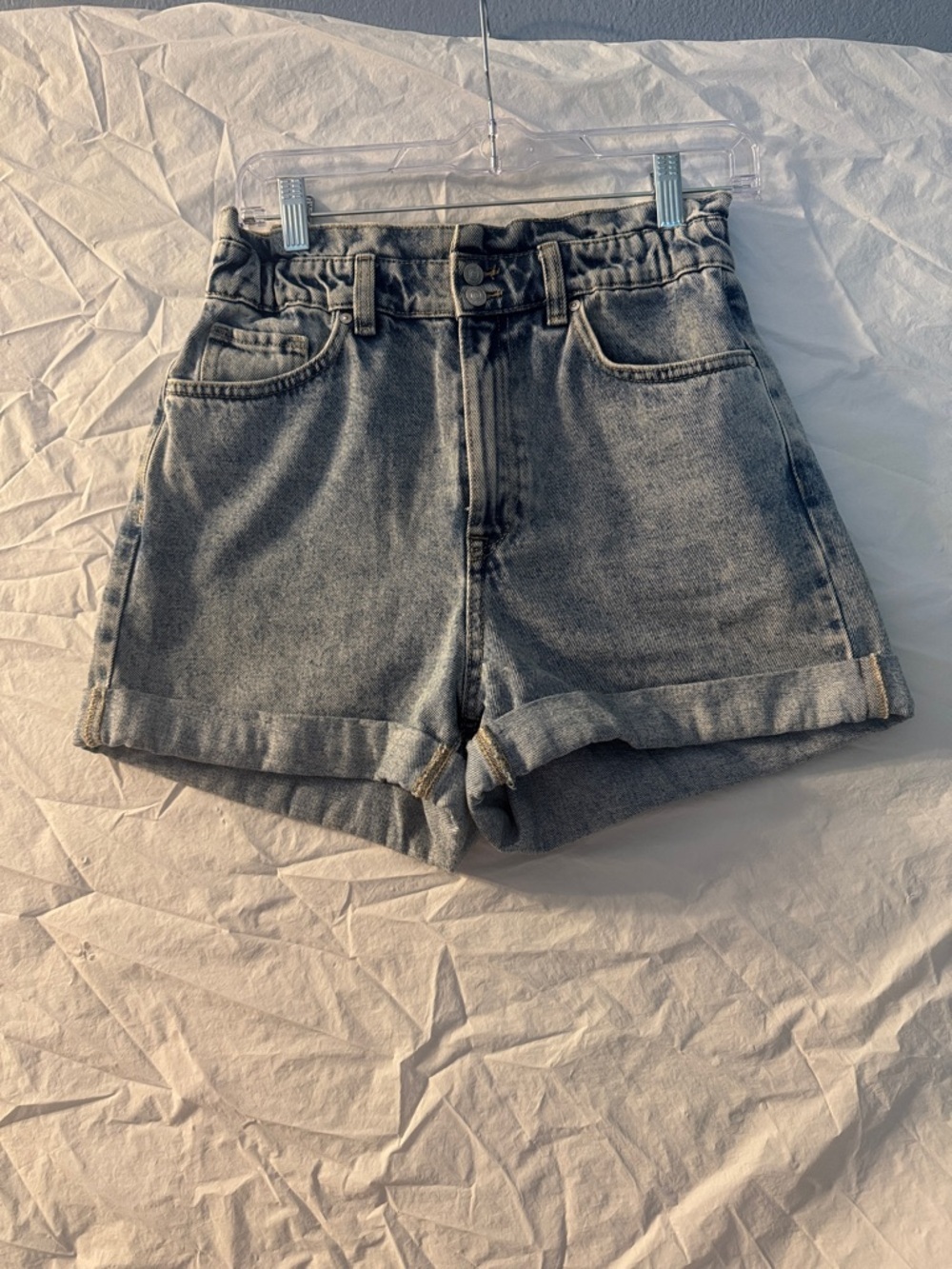 Mango Washed High-Rise Paper Bag Waist   Denim Shorts with Rolled Hem